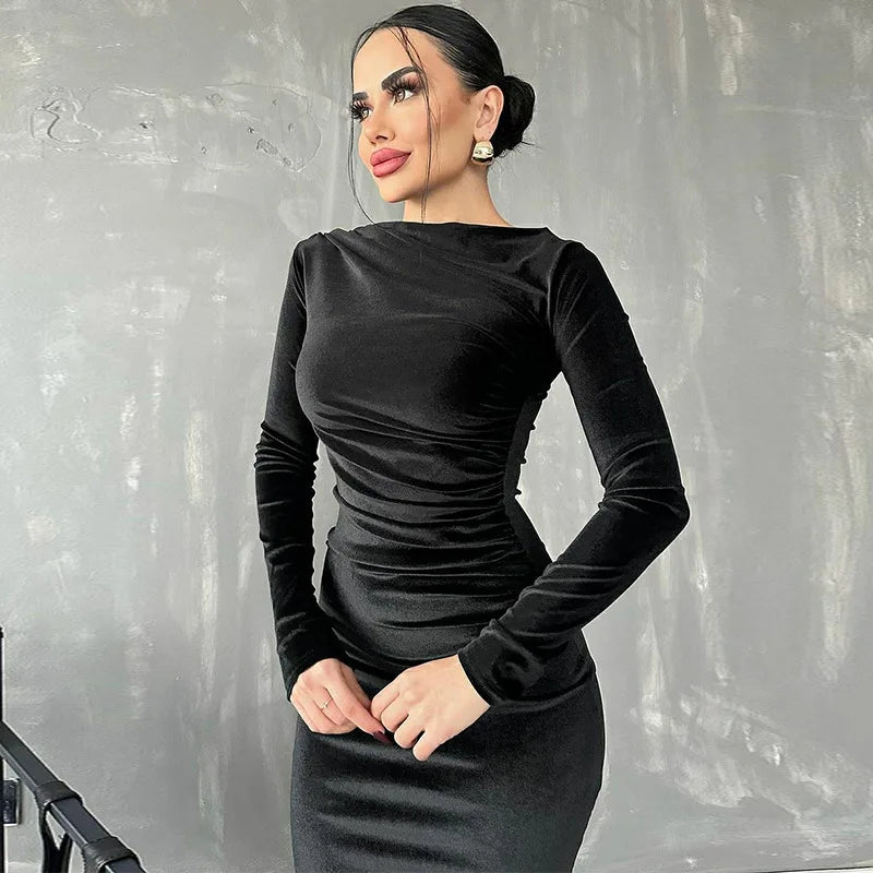 Velvet Long Sleeve Midi Dress For Women Ruched Long Dress Elegant Party Clothes Evening Green Outfits