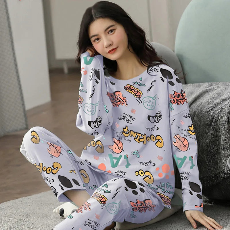 Women's Suit Pajamas Long-Sleeved Long Pants Homewear Two-Piece Set Ladies Cartoon Pattern Sleepwear Loungewear