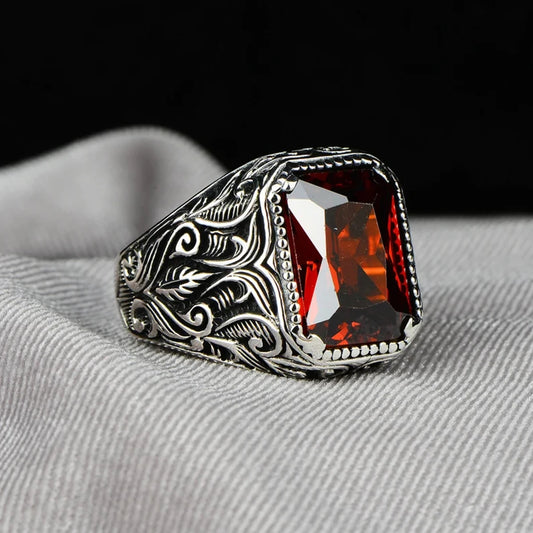 Vintage Handmade Turkish Signet Ring For Men Ancient Silver Color Carved Ring Red Yellow Zircon Inlay Punk Motor Biker