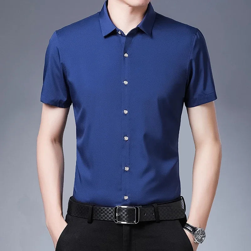 Men's Business Casual Solid Color Short Sleeved Shirt Non Ironing Comfortable Top