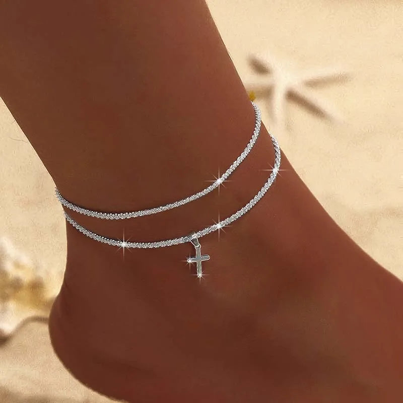 Sparkling Thin Chain Anklet For Women Zircon Heart Cross Pendant Double Layer Bracelet On Leg Foot Trendy Summer Beach Jewellery