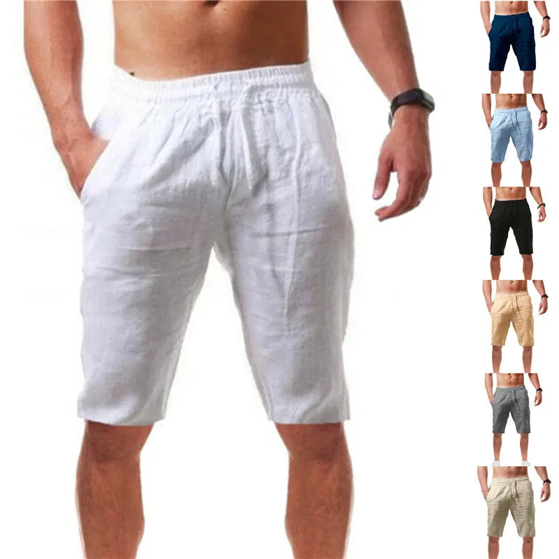 Men's Cotton Linen Shorts Pants Male Summer Breathable Solid Color Linen Short Trousers Fitness Streetwear