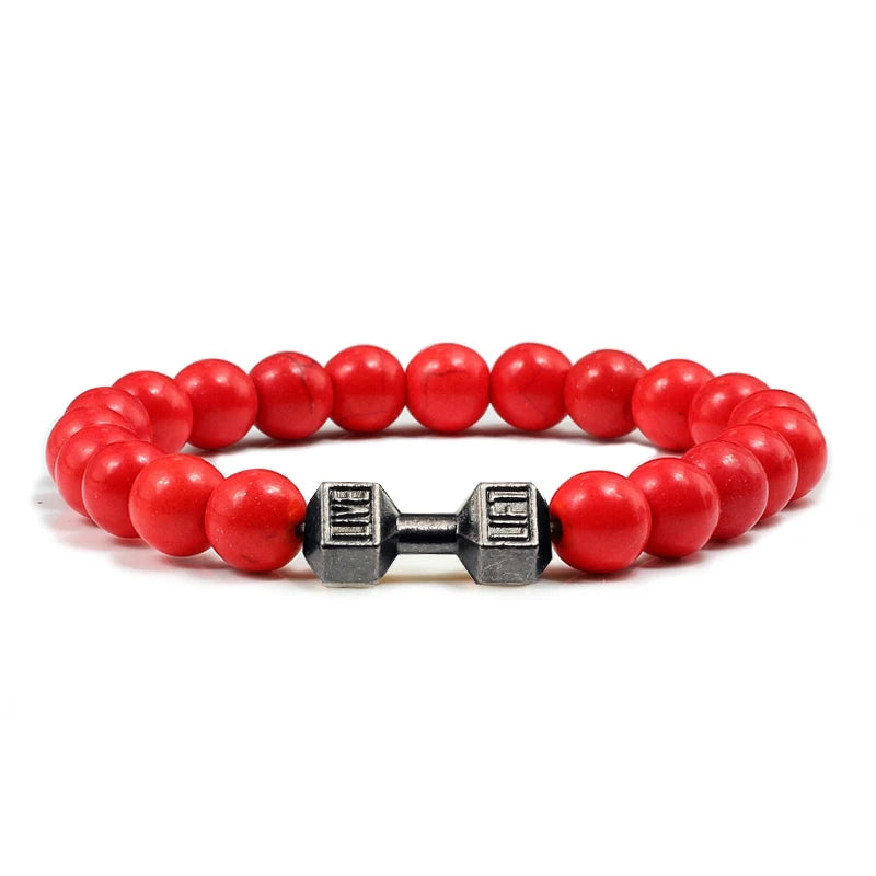 Natural Volcanic Stone Bracelet Men Matte Black Lave White Beads Charm Dumbbell Strand Bracelets Unisex Barbell Fitness Jewellery