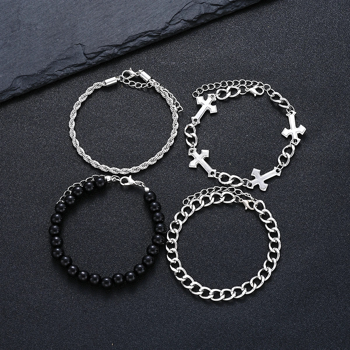 4 Pcs Stainless Steel Bracelet Set For Men Women Punk Fashion Cross Beads Chain Bracelets Simple Hip Hop Unisex Jewellery Gift