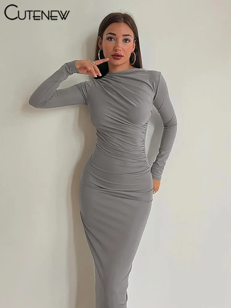 Women's Elegant Solid O-neck Patchwork Maxi Dress Full Long Sleeves Body-shaping Robe Lady Evening Attirewear Vestidos