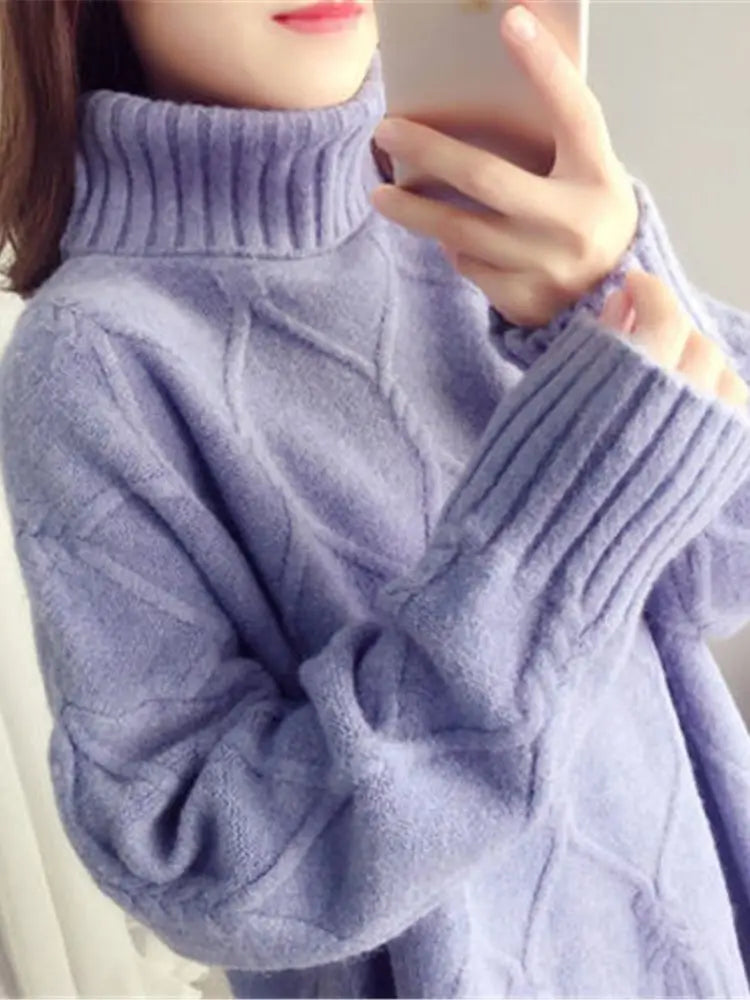 Sweater Female Korean Version Loose Fashion Style Wild Mid-Length High Neck Knitted Bottoming Shirt