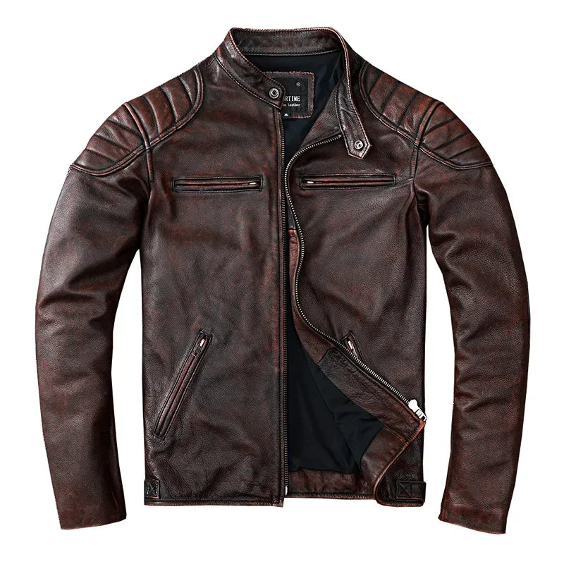 New Vintage Style Mens Cowhide Clothes Biker Genuine Leather Jacket Fashion Brown Leather slim coat men