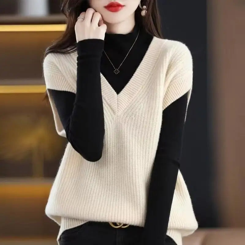 Autumn and Winter Knitted Vest Women V-neck Solid Bat Shirt Loose Versatile Sleeveless Knitted Sweater Pullover Female Top