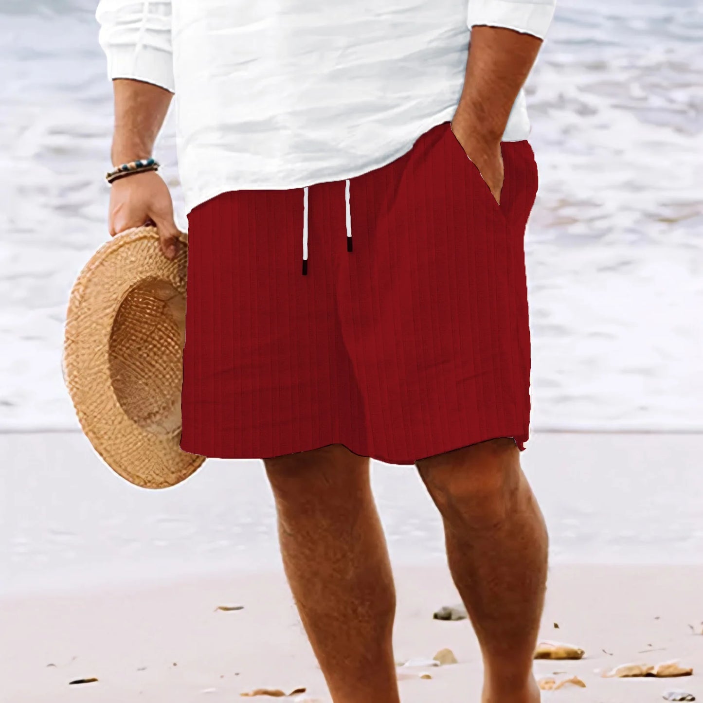 New fashion Men's Hawaiian Beach style solid color striped multi-pocket tethered casual lightweight comfortable shorts