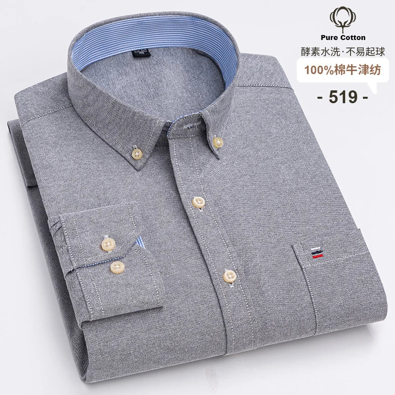 100% Cotton Oxford Men's Shirts Long Sleeves Plaid Soft Regular Fit Formal Dress