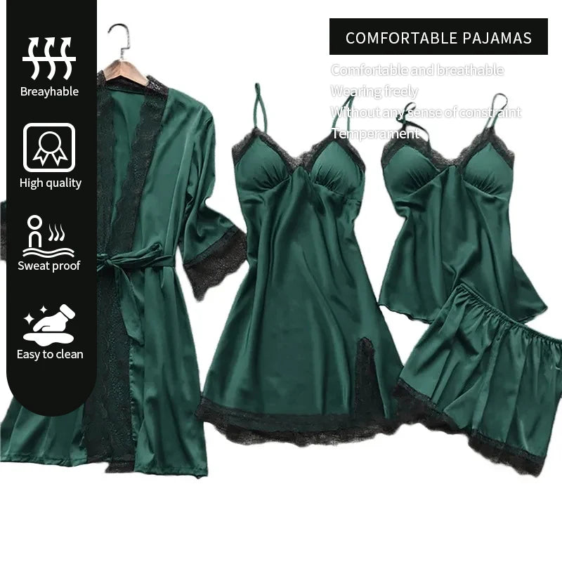 Four Piece Set of Women's Green Lace Trimmed Pajama Set Women's Home Long Robe Paired with Suspender Straps Pajama Set