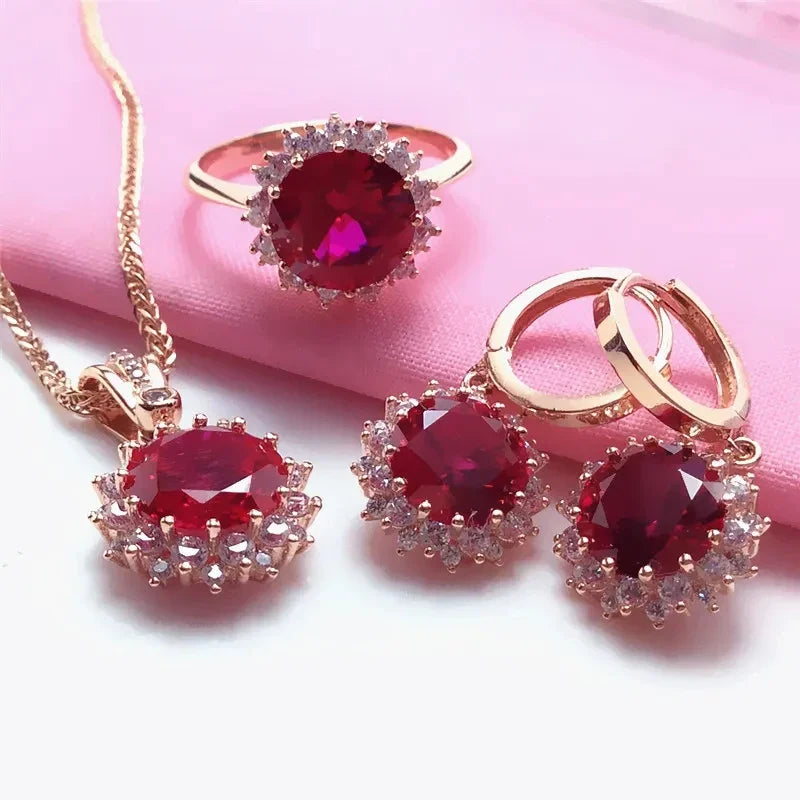 Ruby Flower Jewellery Sets Plated with 14K Rose Gold Luxury Crystal Wedding Dinner Gift Ring Necklace Earrings for Women