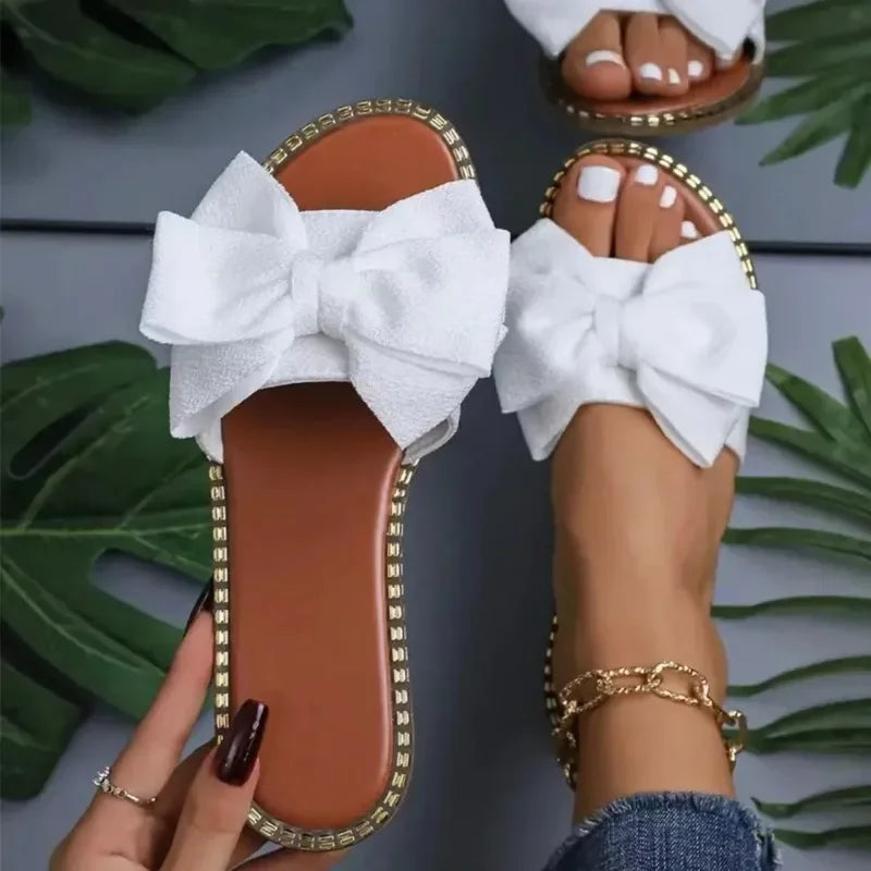 Luxury Summer Bow-knot Slippers Women Outdoor Trend Flat Beach Sandals Female Flip Flops Brand Design Woman Slides Shoes 2024