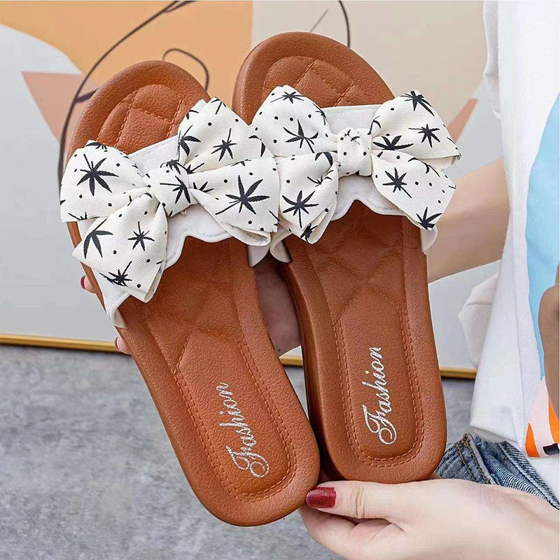 PVC Bow Women Sandals 3cm Thick Casual Shoes One line Elevated Flat Bottom Slippers