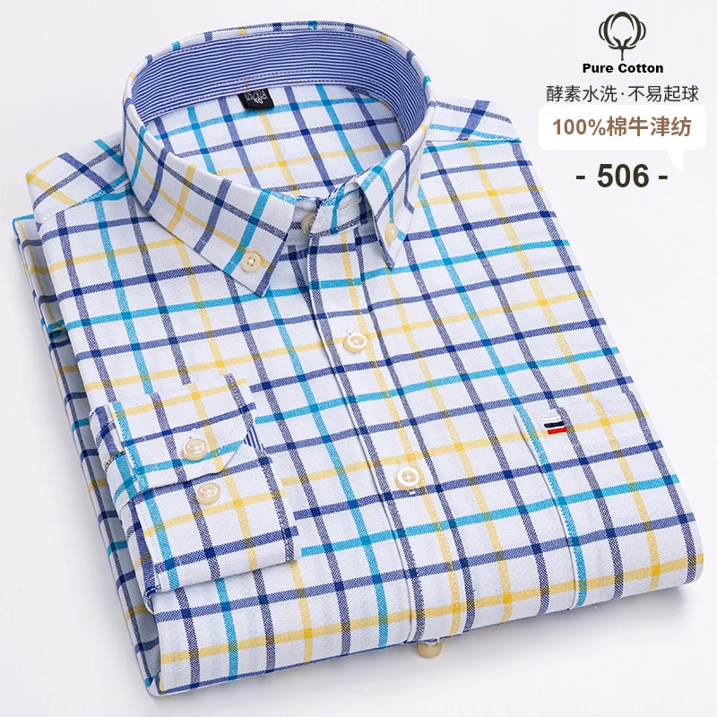 100% Cotton Oxford Men's Shirts Long Sleeves Plaid Soft Regular Fit Formal Dress