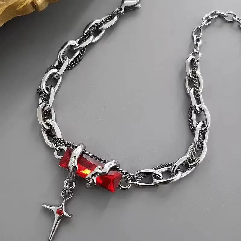 Punk Vintage Red Zircon Star Chain Bracelet For Couple Trend Goth Grunge Y2K Jewellery Charms