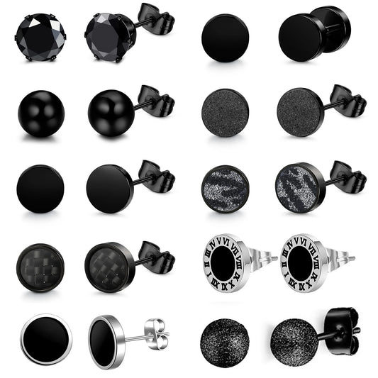 1 Pair Black Earrings for Men and Women Stainless Steel Black Stud Earrings Round CZ Stud Earrings Set 8MM