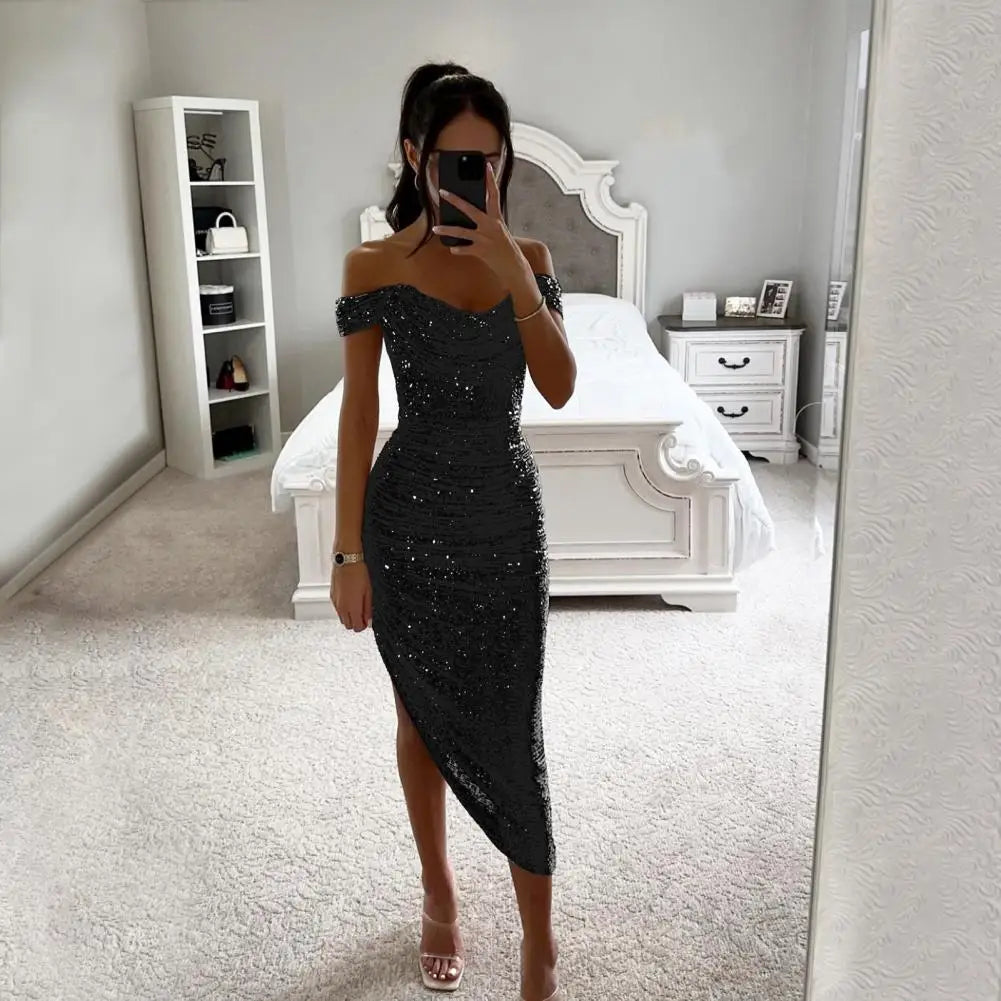 Sequined Evening Gown Sexy Low-cut Off Shoulder Slim Fit Bodycon Dress Shinny Sequins Irregular Hem Cocktail Party Midi Dress