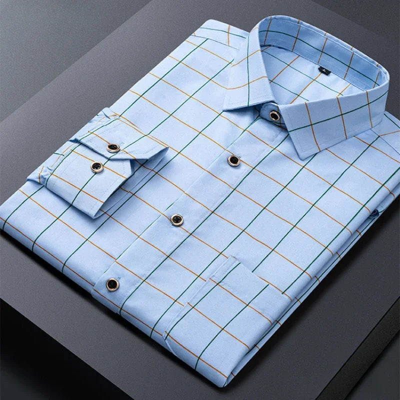 Men's Striped Shirts Formale Casual Printed Plaid Shirt Long Sleeve Slim Fit Botton Down Male Office Business Dress Shirt