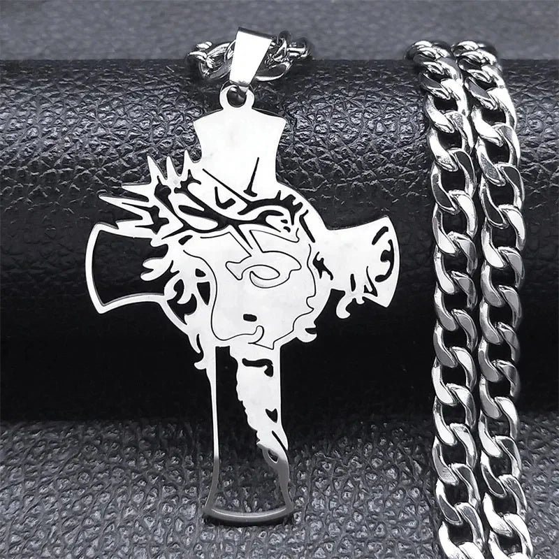 Hip Hop Punk Crown of Thorns Jesus Cross Necklace for Men Stainless Steel Gold Plated Crucifix Pendant Necklaces Jewellery