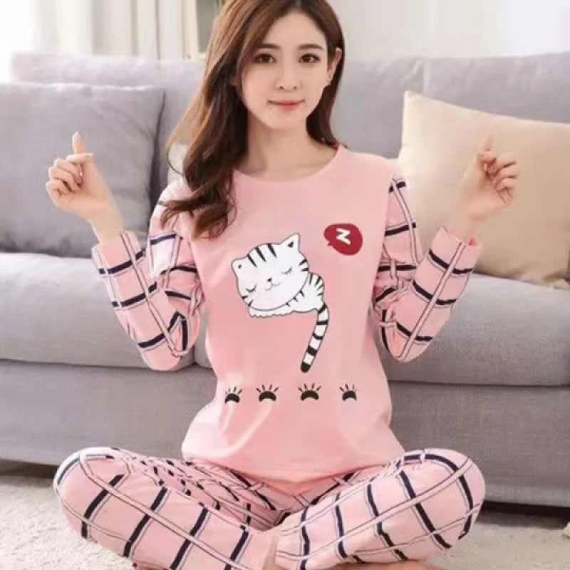 Women's Suit Pajamas Long-Sleeved Long Pants Homewear Two-Piece Set Ladies Cartoon Pattern Sleepwear Loungewear