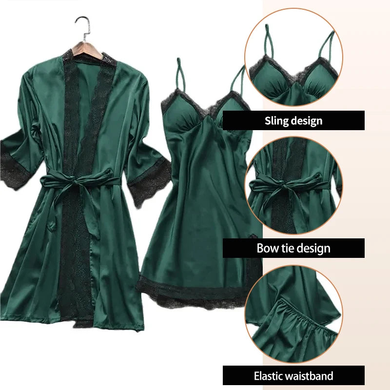 Four Piece Set of Women's Green Lace Trimmed Pajama Set Women's Home Long Robe Paired with Suspender Straps Pajama Set