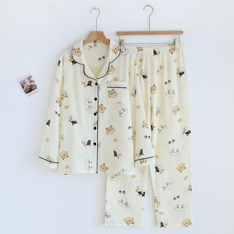 Women Pajamas 2-Piece Set 100% Cotton Gauze long sleeved pants Cute Bear Print Pajamas Homewear Ladies Pajamas Women Sleepwear