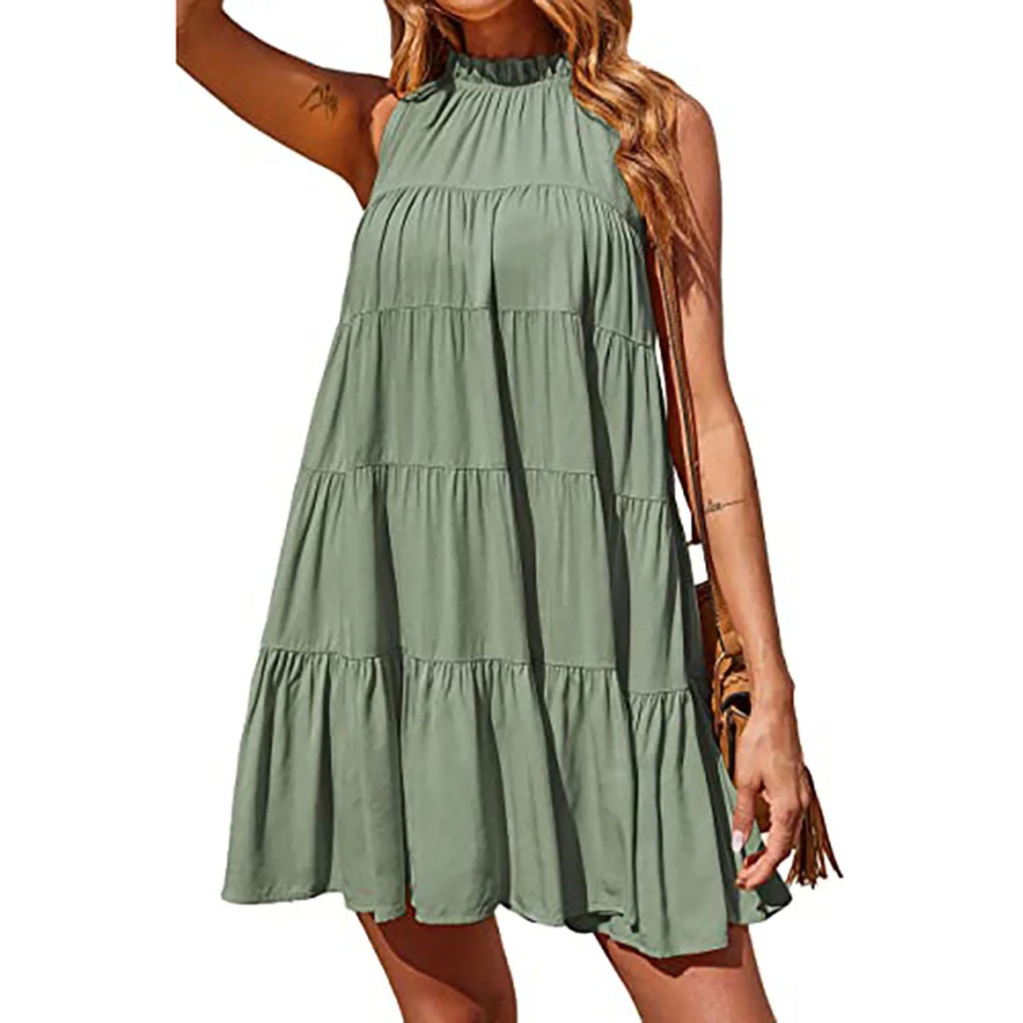 new women's dress sleeveless round neck ruffled pleated loose dress