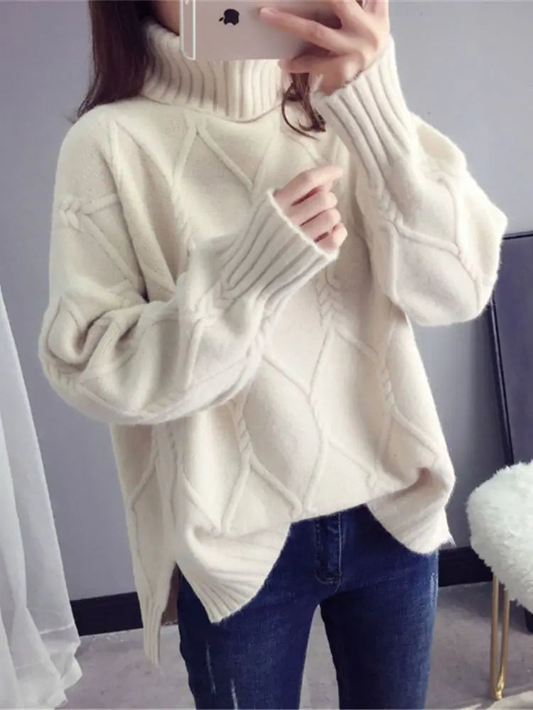 Sweater Female Korean Version Loose Fashion Style Wild Mid-Length High Neck Knitted Bottoming Shirt