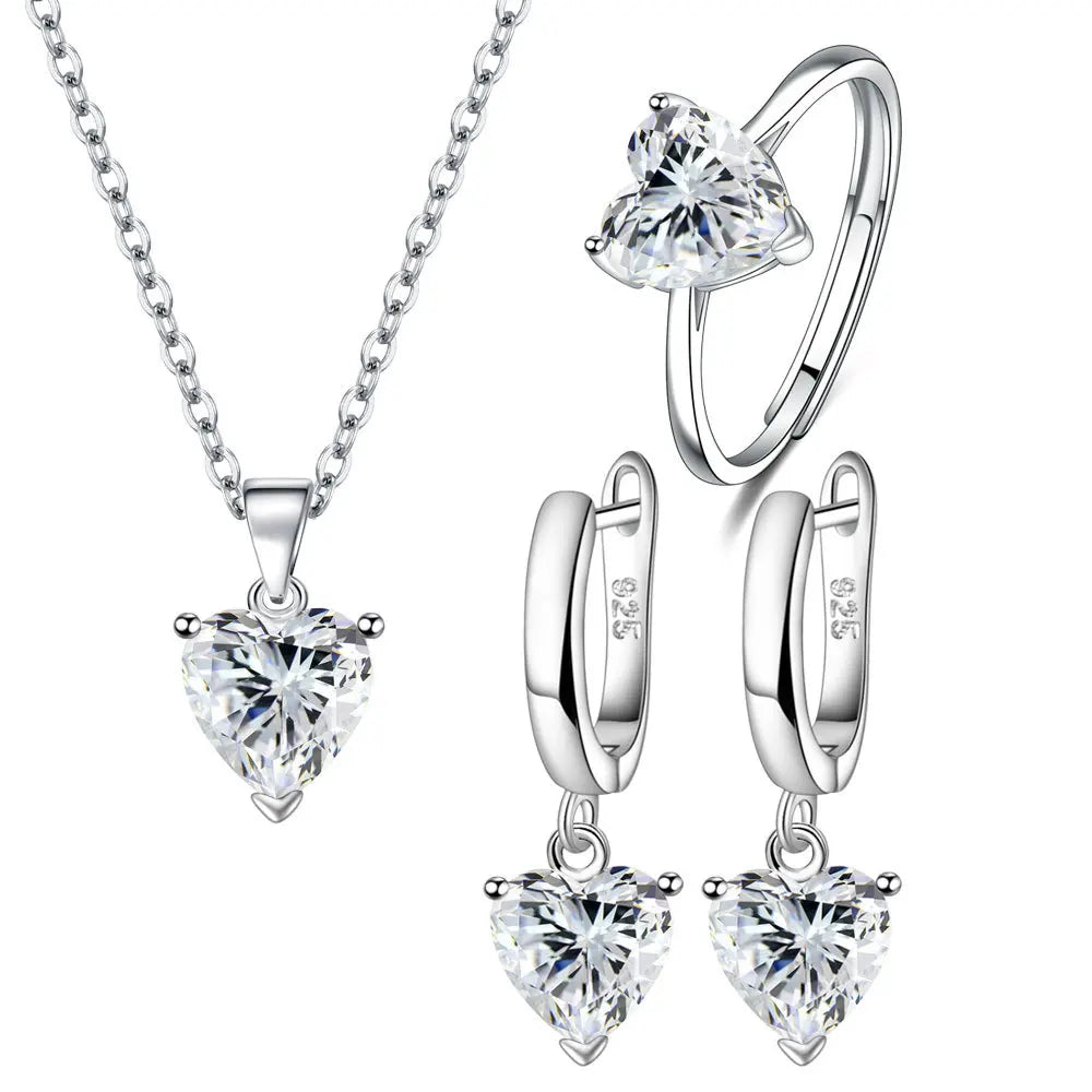 925 Sterling Silver Jewellery Sets For Women Heart Zircon Ring Earrings Necklace Elegant