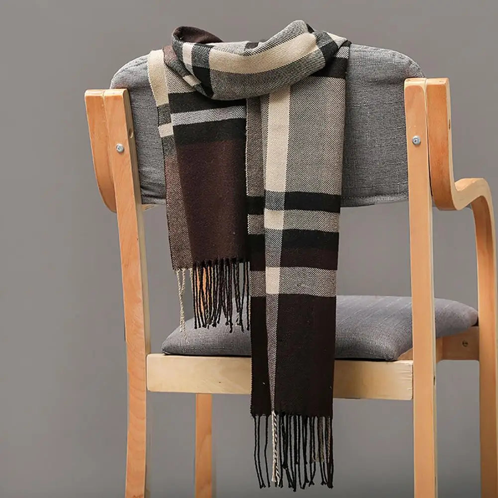 Men Scarf Plaid Fringed Tassels Cashmere Winter Scarf