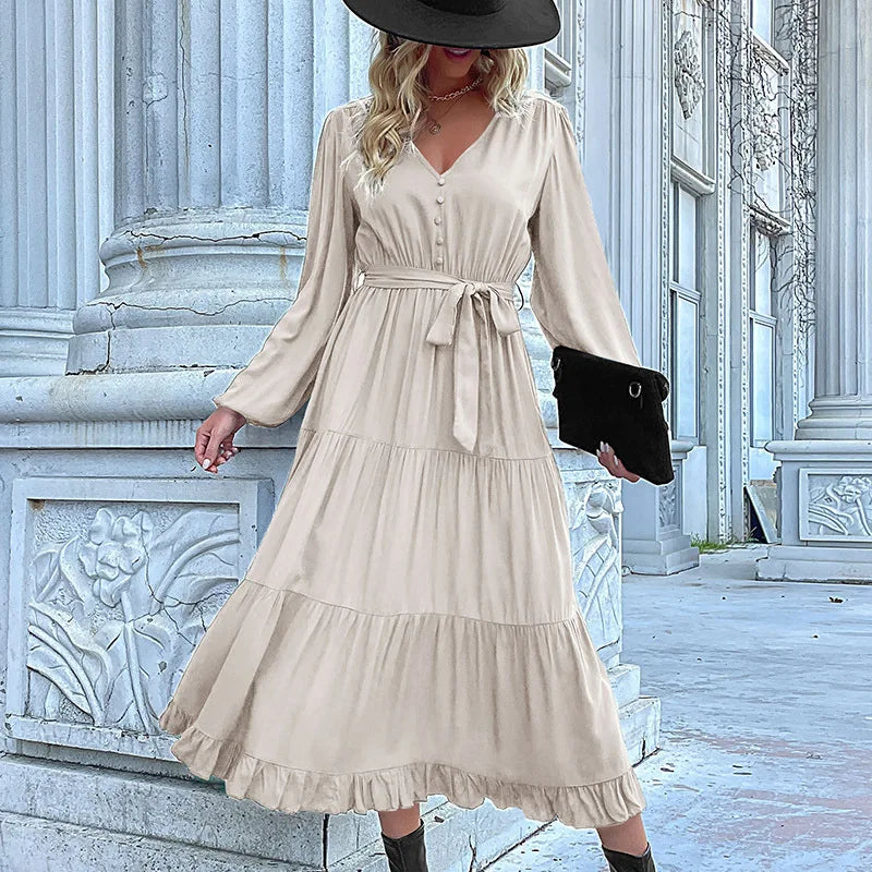 Women Casual Long Sleeve v Neck Fall Dress Bohemian Ruffled Relaxed Fit Solid Maxi Dresses Tiered Cocktail Dress