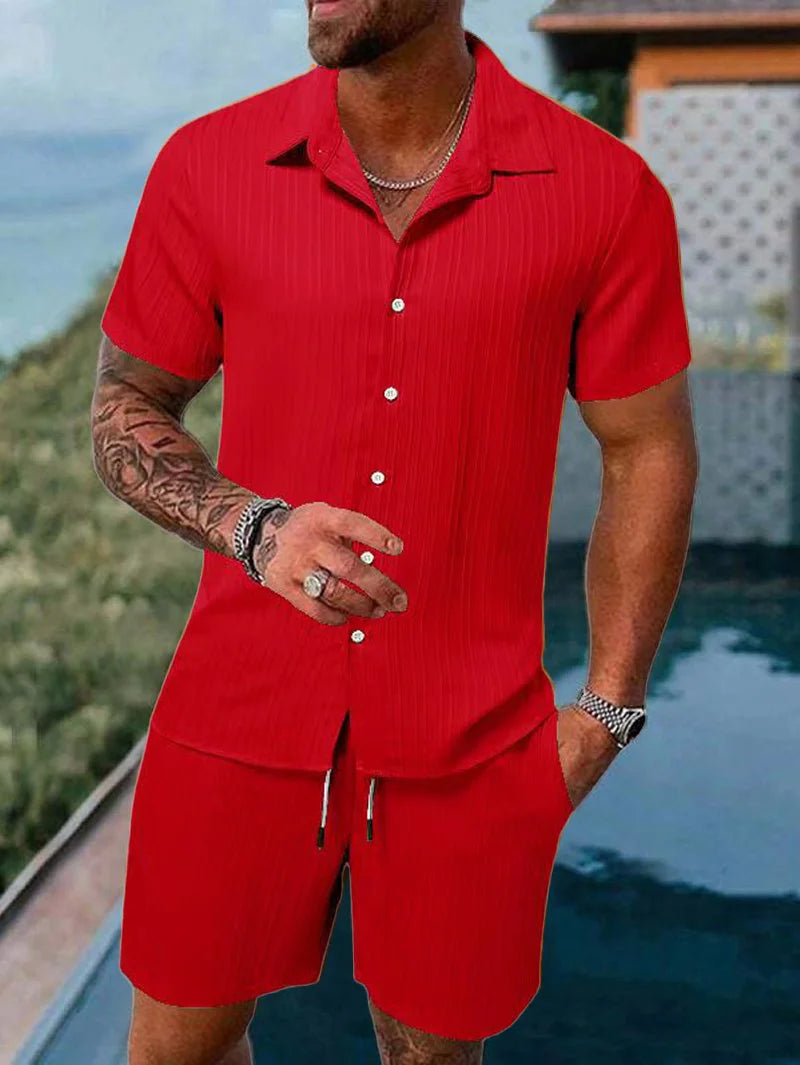 Men's Beach Suit, Striped and Solid Color Short Sleeve Shirt with Shorts, Sports Casual, Breathable, Lightweight, High-Quality Men's Wear.