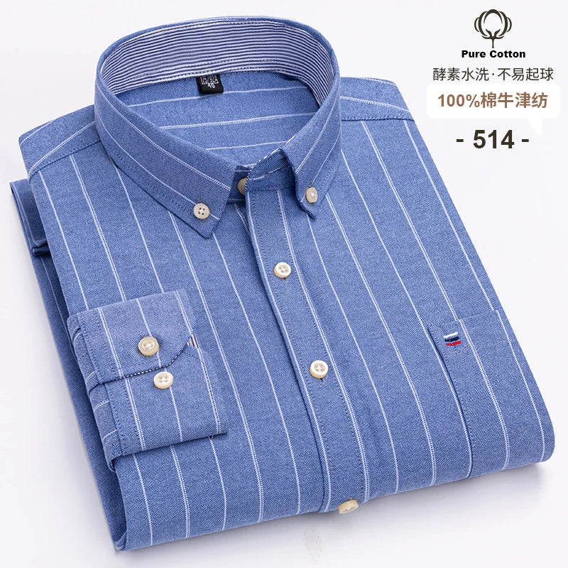 100% Cotton Oxford Men's Shirts Long Sleeves Plaid Soft Regular Fit Formal Dress