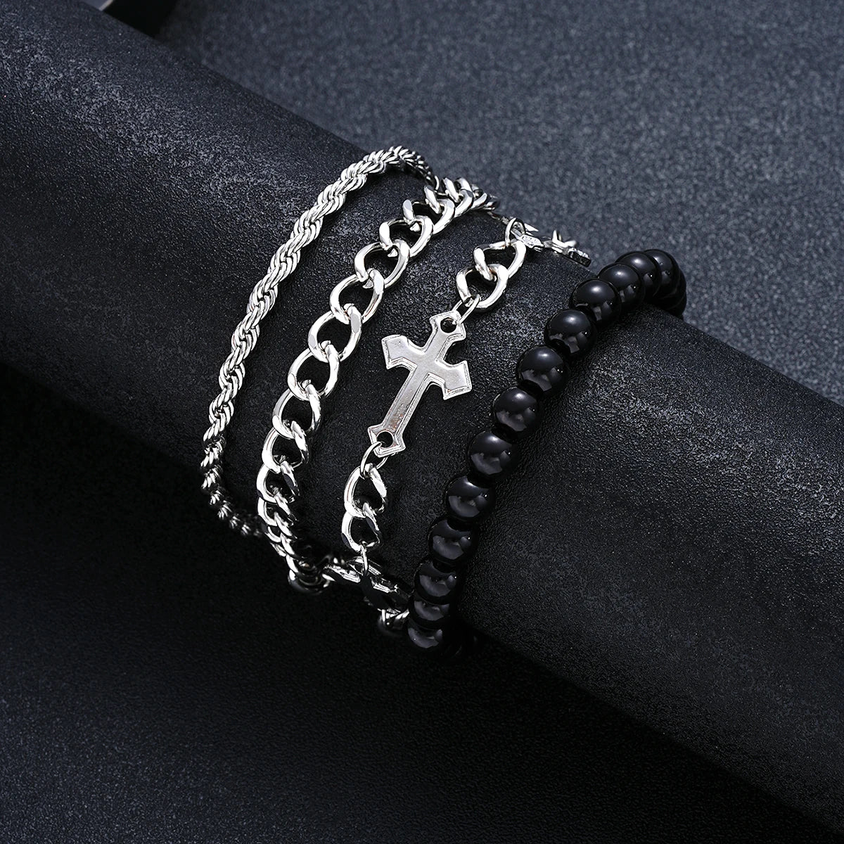 4 Pcs Stainless Steel Bracelet Set For Men Women Punk Fashion Cross Beads Chain Bracelets Simple Hip Hop Unisex Jewellery Gift