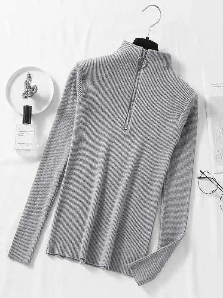 Women Fashion Solid Knitted Sweaters Vintage Long Sleeve Zip-up Basic Half Turtleneck Sweater Female Pullovers Chic Casual Tops