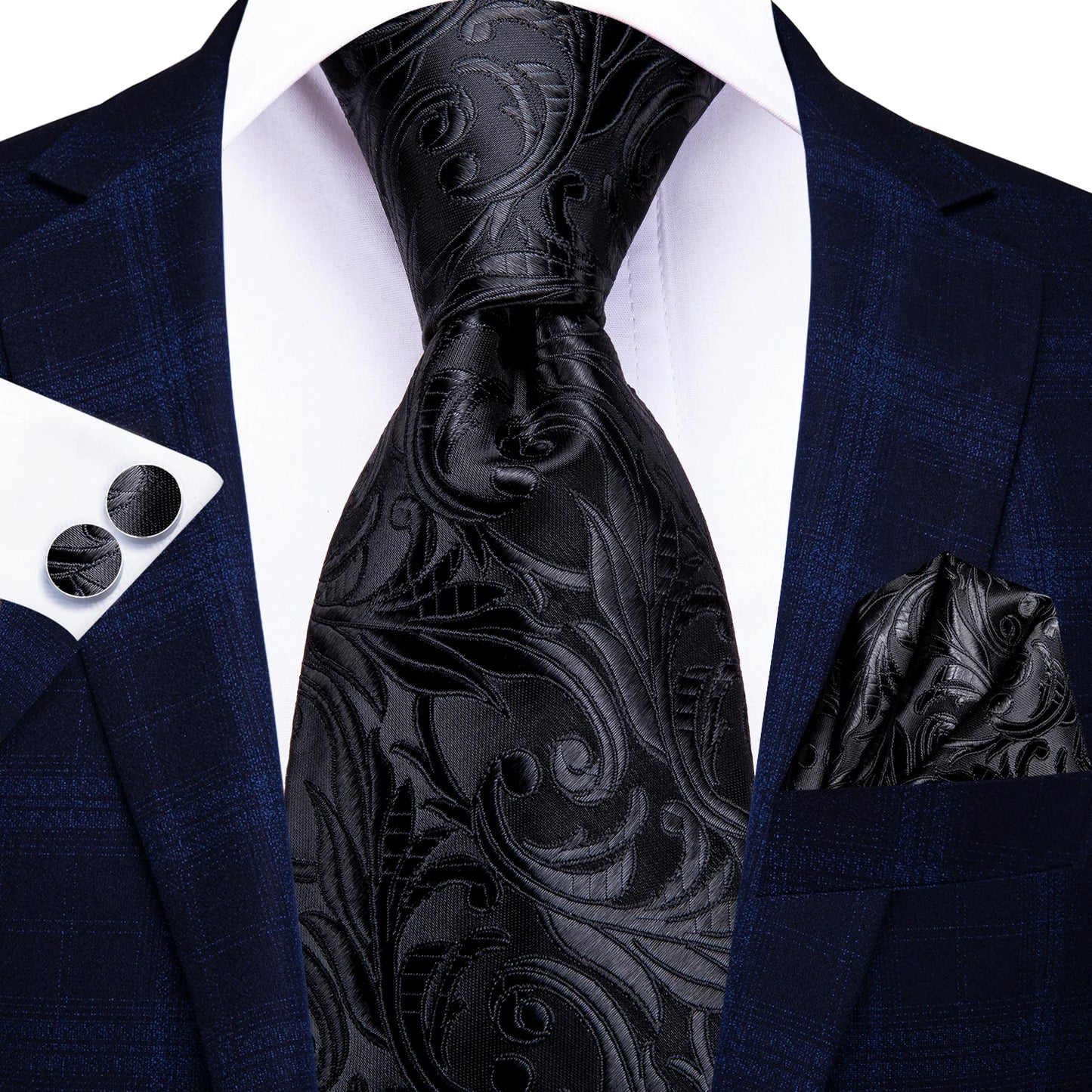 Hi-Tie Black Floral Silk Wedding Tie For Men Handky Cufflink Elegant Necktie For Men Fashion Designer Business Party Dropshiping