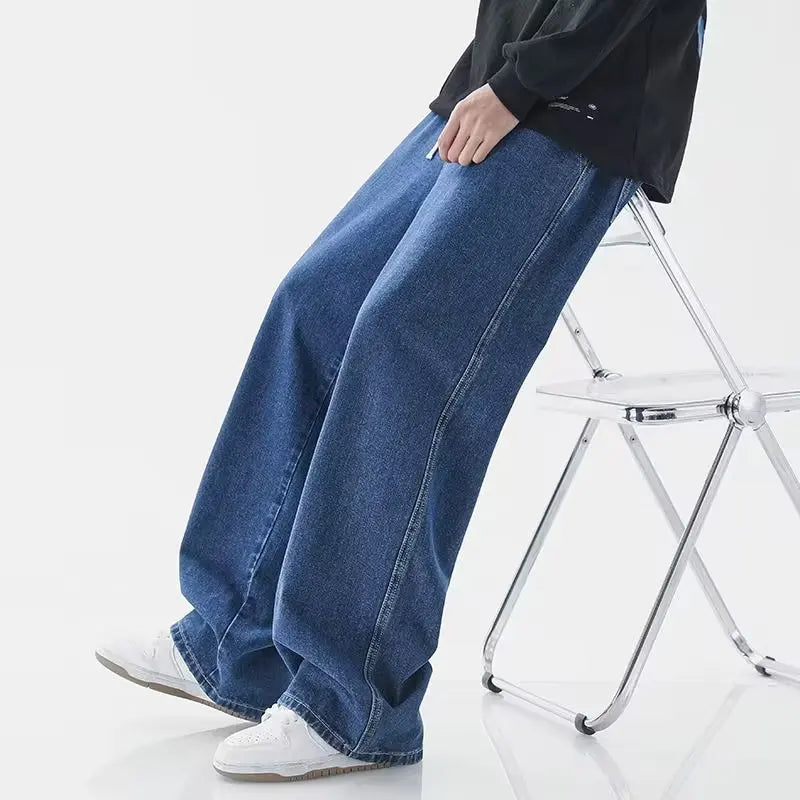 New Korean Fashion Men's Casual Ankle-Length Jeans Classic Man Straight Denim Wide-leg Pants