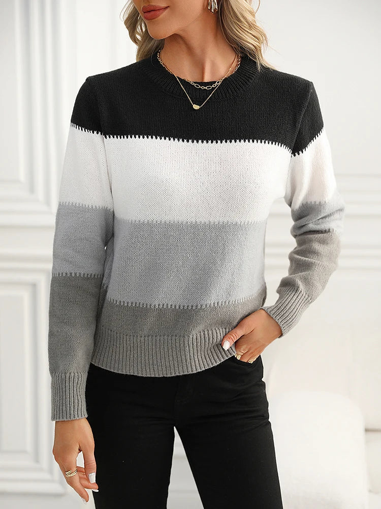 Women Knitted Sweater Soft Contrast Color Pullovers Basic Sweaters Casual Fashion Autumn Winter Women's Clothing Trend