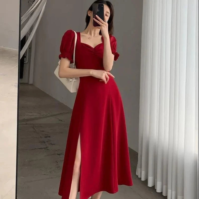 Solid Puff Short-Sleeved Elegant Dress Women Clothing Slim Evening Party Dresses