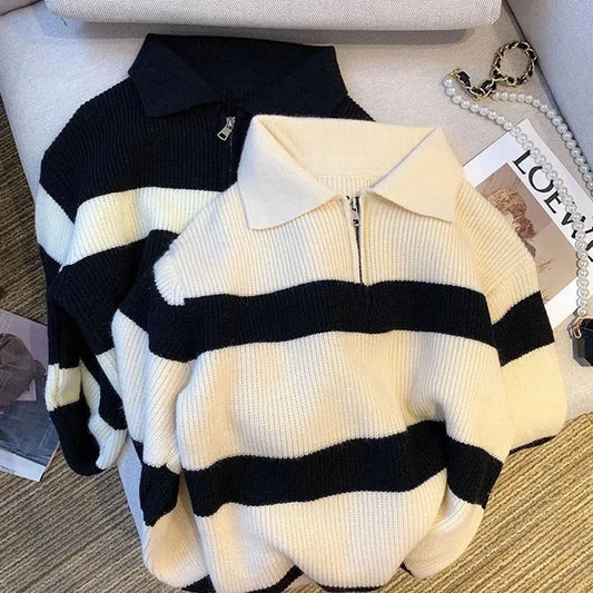 Women's Turndown Collar Striped Sweater Vintage Loose Long Sleeve Knitwear Female Autumn Winter Warm Knitted Jumper Top