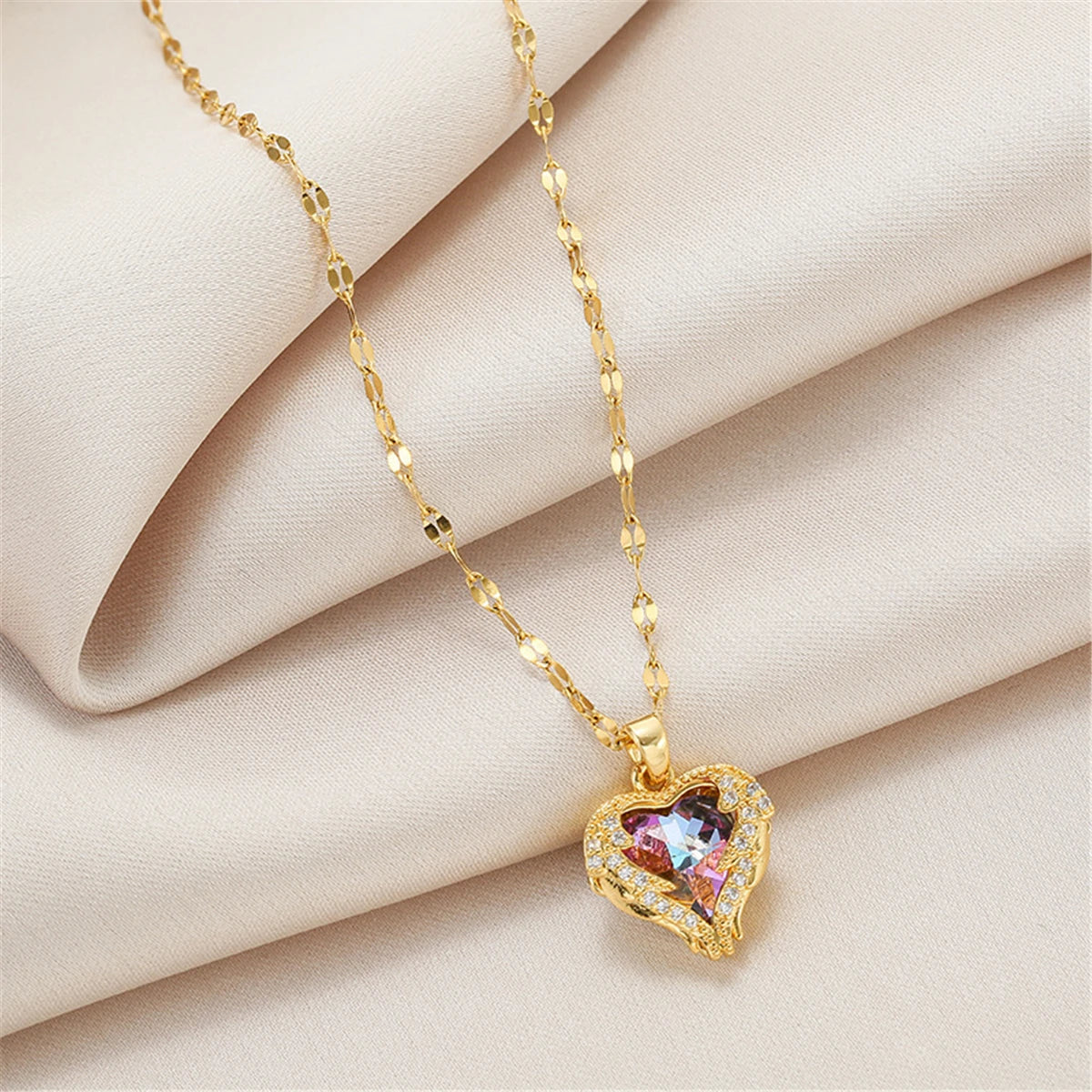 Luxury Colorful Crystal Ocean Heart Pendant Necklace For Women Trendy 316L Stainless Steel Jewellery Female Wedding Neck Chain