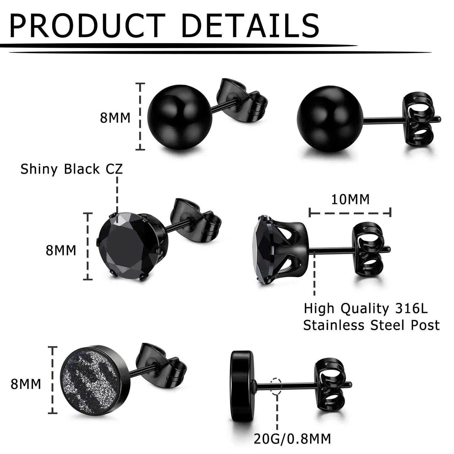 1 Pair Black Earrings for Men and Women Stainless Steel Black Stud Earrings Round CZ Stud Earrings Set 8MM